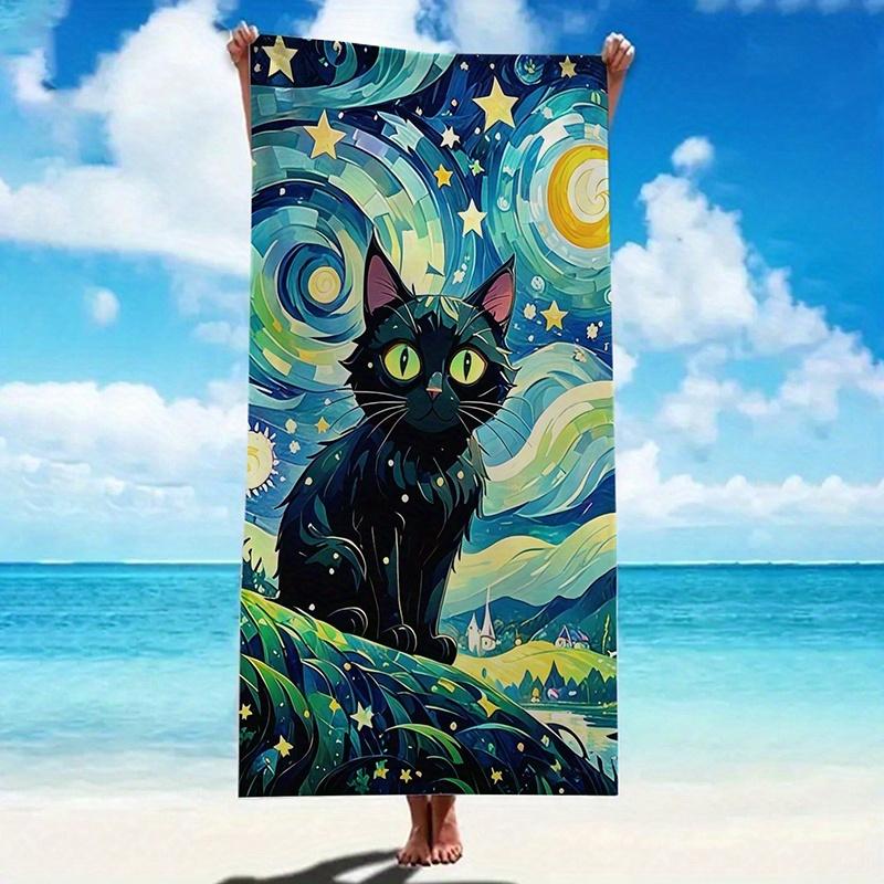 Shanika Chen 1Pc Van Gogh Starry Night Cat Beach Towel - Quick-Dry Microfiber, Absorbent & Lightweight For Beach, Pool, Yoga, Camping