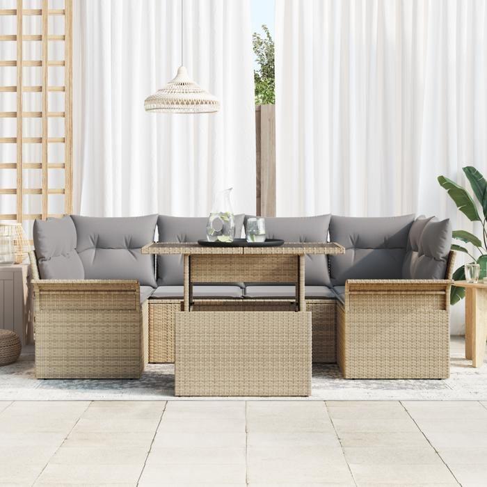 Ensemble de canapé de jardin vidaXL de 7 pièces avec coussins en beige, Poly Rattan, Canapé de jardin 2 places vidaXL avec 3356953