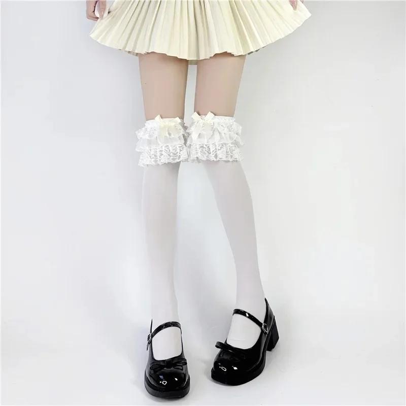 Lolita-Overknee-Socken mit Spitzenbesatz und Schleife, mehrlagig, süßes Mädchen, Schmetterlingsknoten, Pure Desire lange Röhrenstrümpfe All yards beige