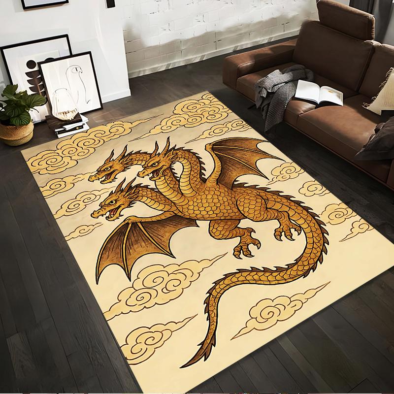 Three-Headed Golden Dragon Rug with Clouds, Mythical Creature Decor Suitable for use as an anti-slip for living room bedroom sofas 40x60cm( 15x23in )