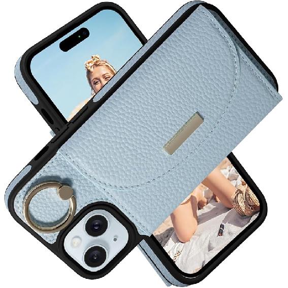 Кейс-кошелек Keallce для iPhone 15 6.1  , Флип-кейс с отделениями для карт, Держатель-кольцо, Подставка, Защитная обложка-книжка из ПУ-кожи для женщин, Синий 6.1   iPhone 15