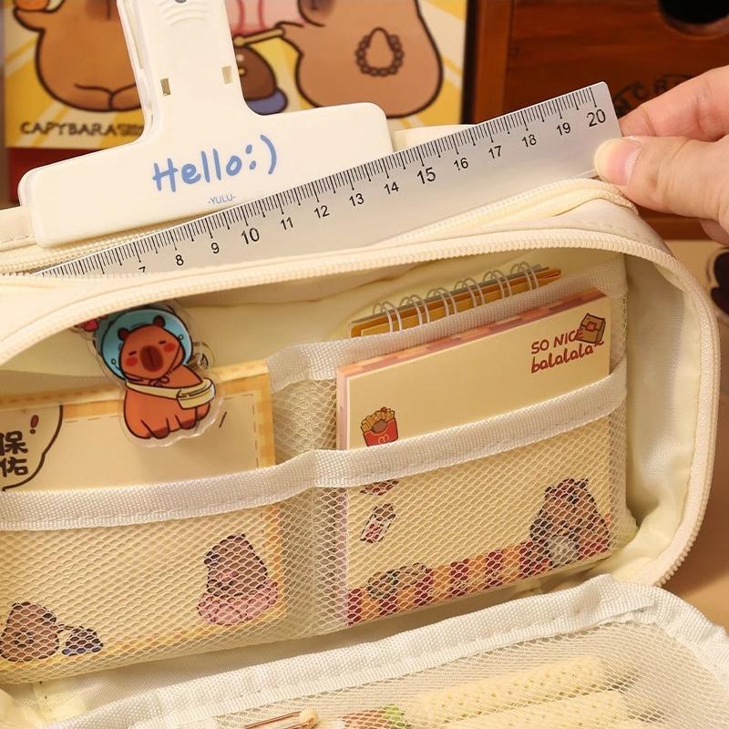 Large Capacity Pencil Bag Capybara Cartoon Stationery Holder Bag With Brooches Stickers Clips Keychains Children Pen Case
