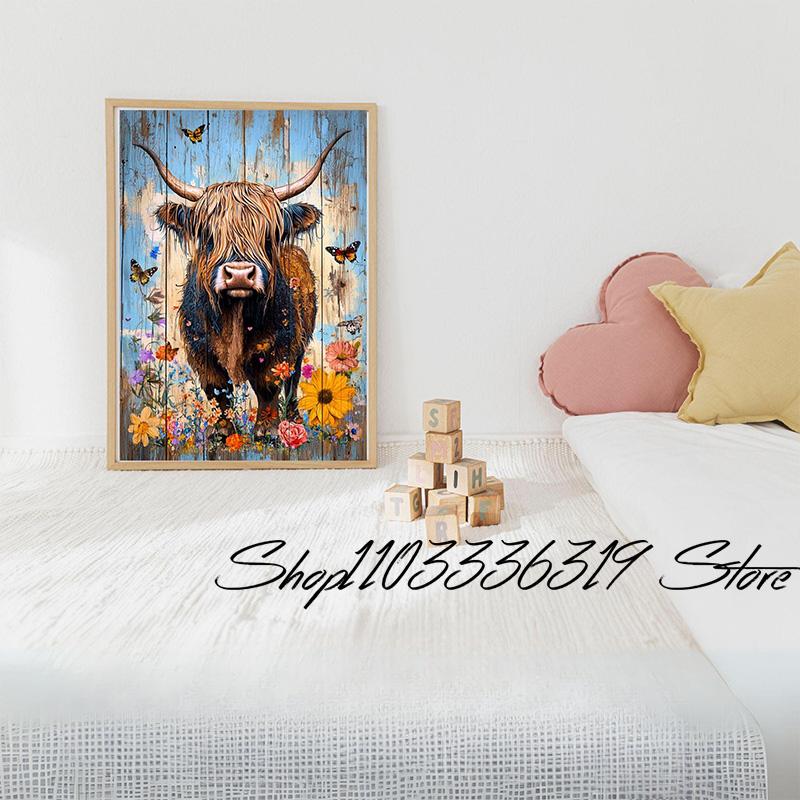 Funny Cow Floral Highland Cow Rustic Western Boho Farm Animal Art Poster Canvas Painting Wall Print Picture for Room Home Decor
