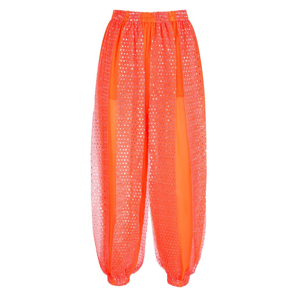 Womens Semi Sheer Chiffon Pants Sequined Dot Design Elastic Waist Belly Dance Performance Trousers