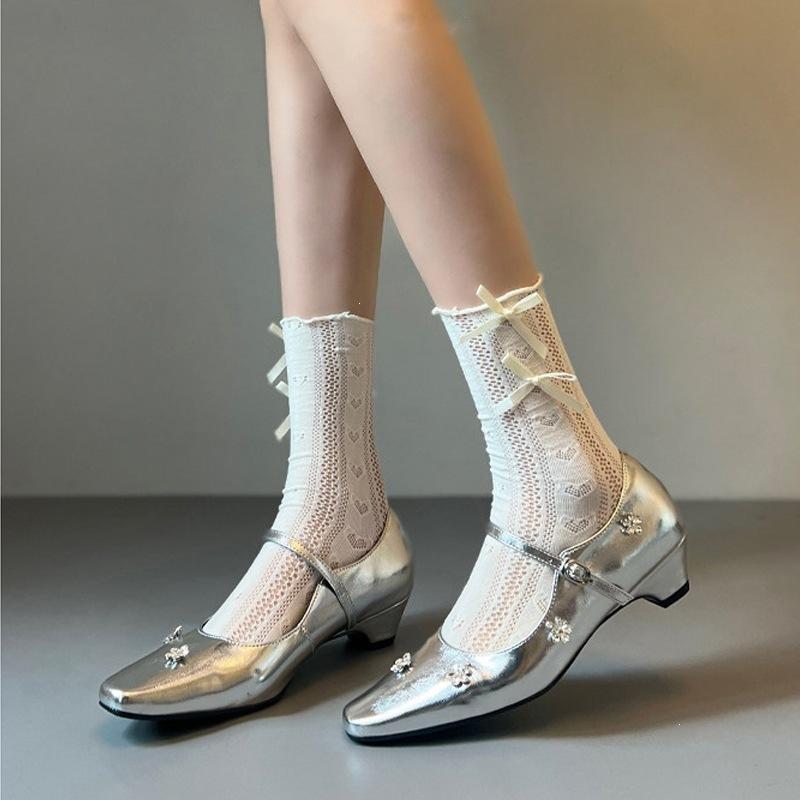 Low-heeled Square-toe Pointed-toe Single Shoes for Women, Soft Leather Shoes 34 серебряный