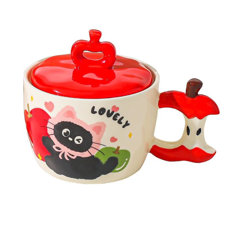 Creative Apple Cat Mug with Lid High Pretty Couple Ceramic Cup Souvenir Gift Cup for Best Friends Breakfast Cup