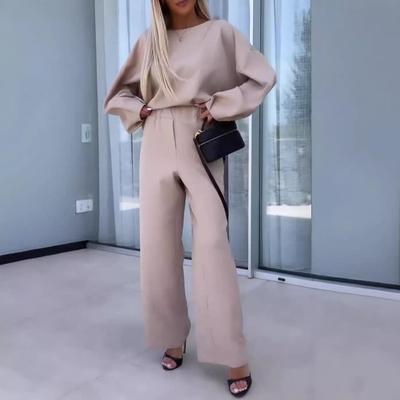 2024 Autumn Women's Solid Color Round Neck Long Sleeve Elastic Waist Long Pants Set