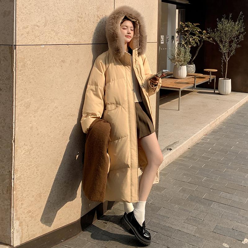Chinese Style Cotton Coat with Fur Collar Women Winter Long Loose Solid Color Warm Jacket