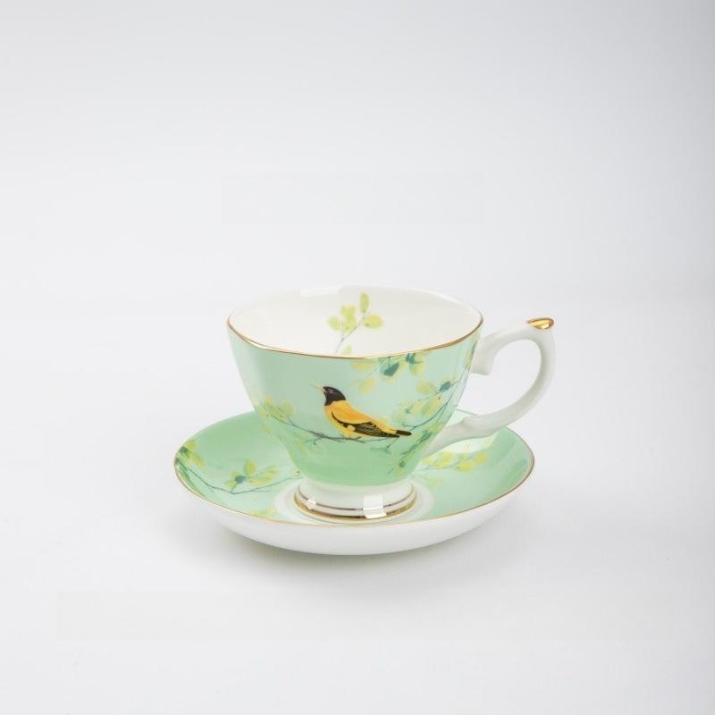 Luxury Gold Rim Bone China Tea Cup and Saucers, Elegant Floral Butterfly Coffee Mug Tableware Set, Bird on Branches Bone China Coffee Cup for Home
