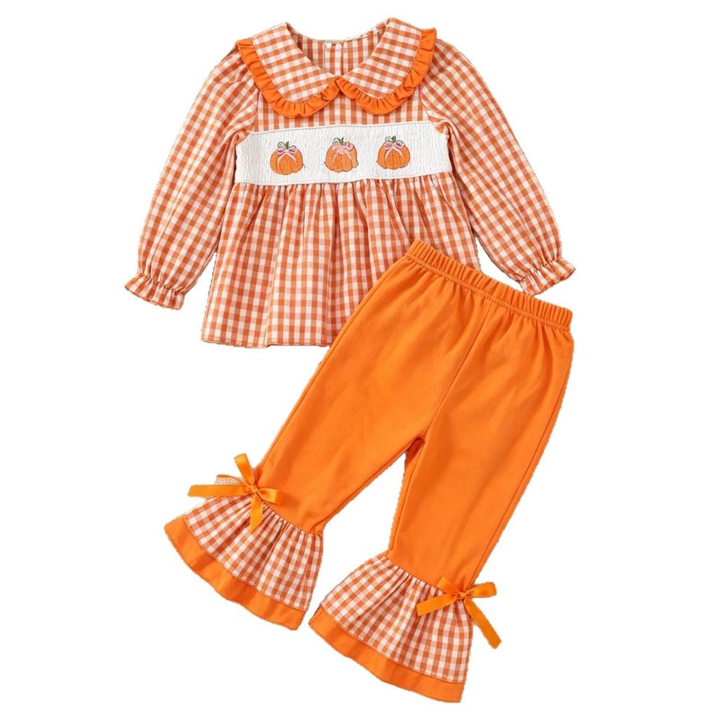 Kleinkind Mädchen Halloween Kürbis Stickerei Langarm Rundhals Pullover Sweatshirt und Elastische Taille Ausgestellte Hose Set
