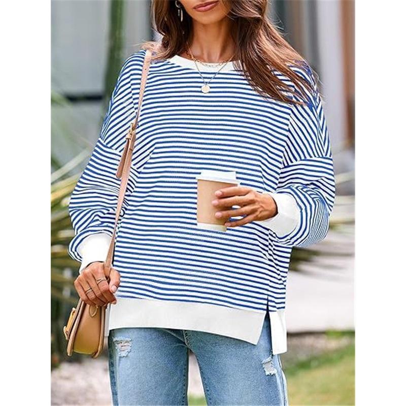 Dames Gestreept Crewneck Sweatshirt Los Oversized Lange Mouw Pullover Casual Dagelijks Blouse Top