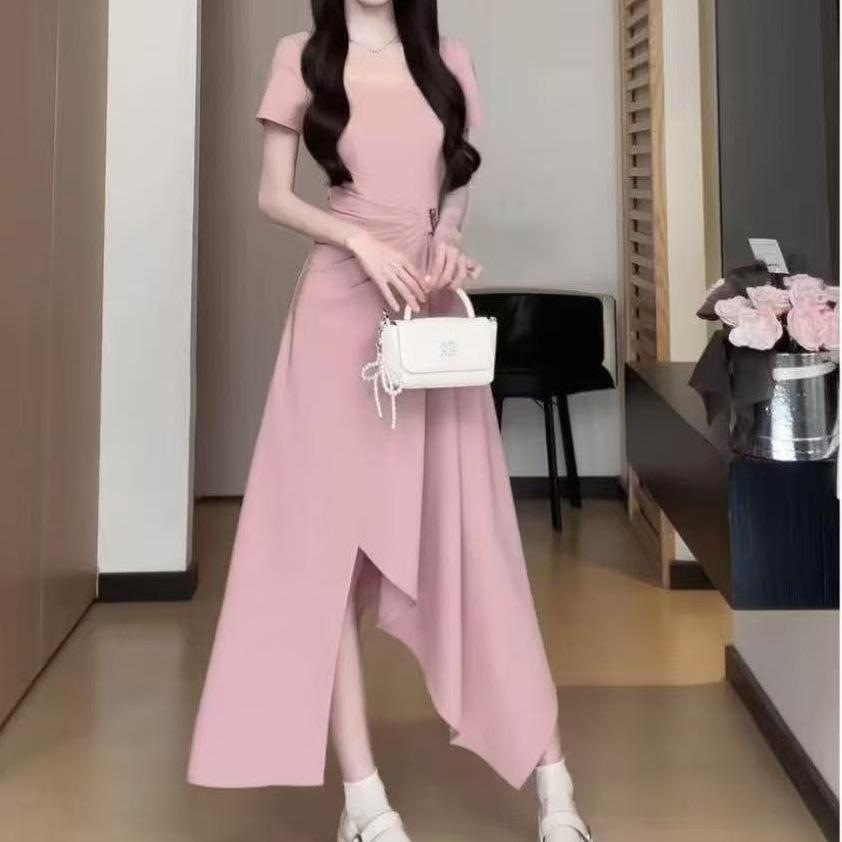 Hepburn style black dress children's summer new coffee break French high-end feeling small waist split dress