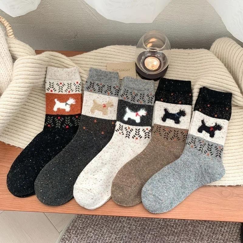 1/5pairs Plush Warm Puppy Socks Women Winter Color Block Mid Calf Soft Fluffy Fabric American Retro Cartoon Design Cozy Cotton