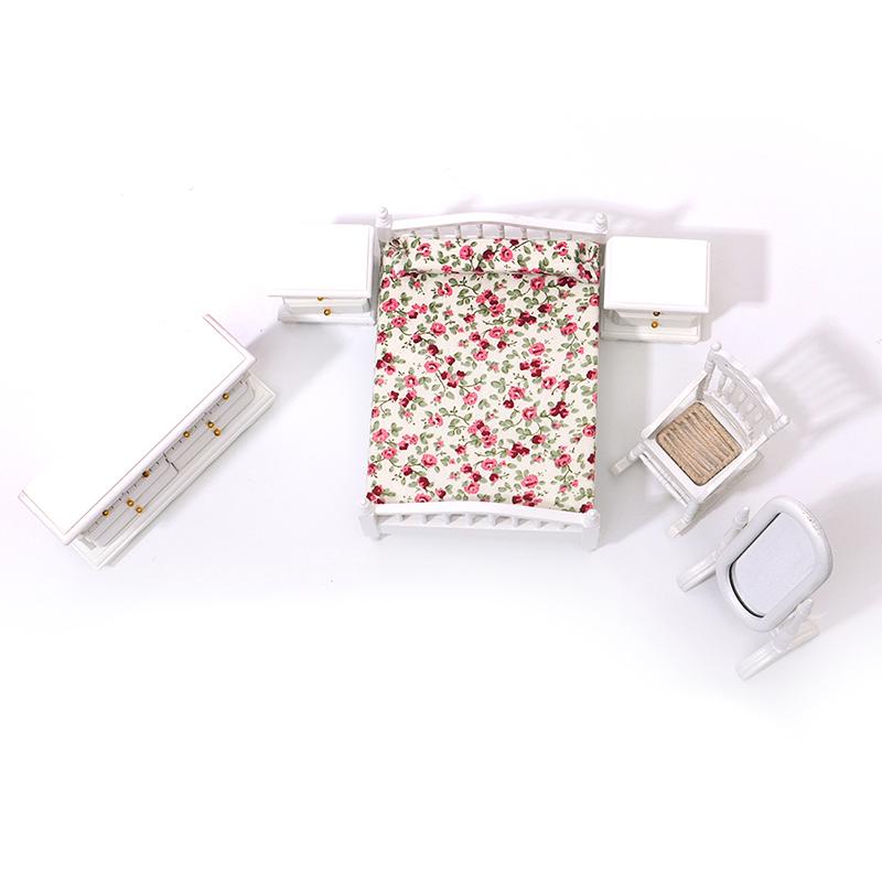 6Pcs 1:12 Dollhouse Miniature White Wooden Bedroom Furniture Set Doll House