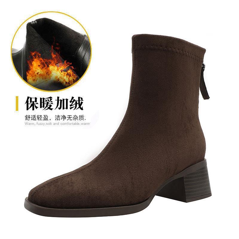 Square head short boots women's spring and autumn single boots 2025 new thick heel medium tube black boots French medium heel thin small short boots