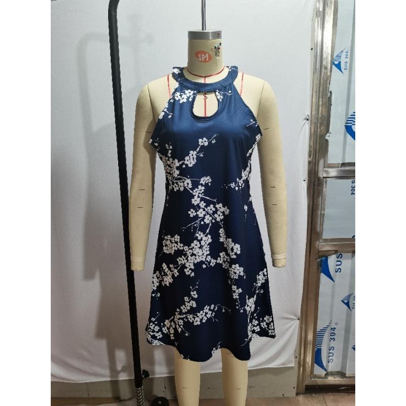 GMXIA Women's Fashion Casual Printed Hanging Neck Hollow Out Dresses