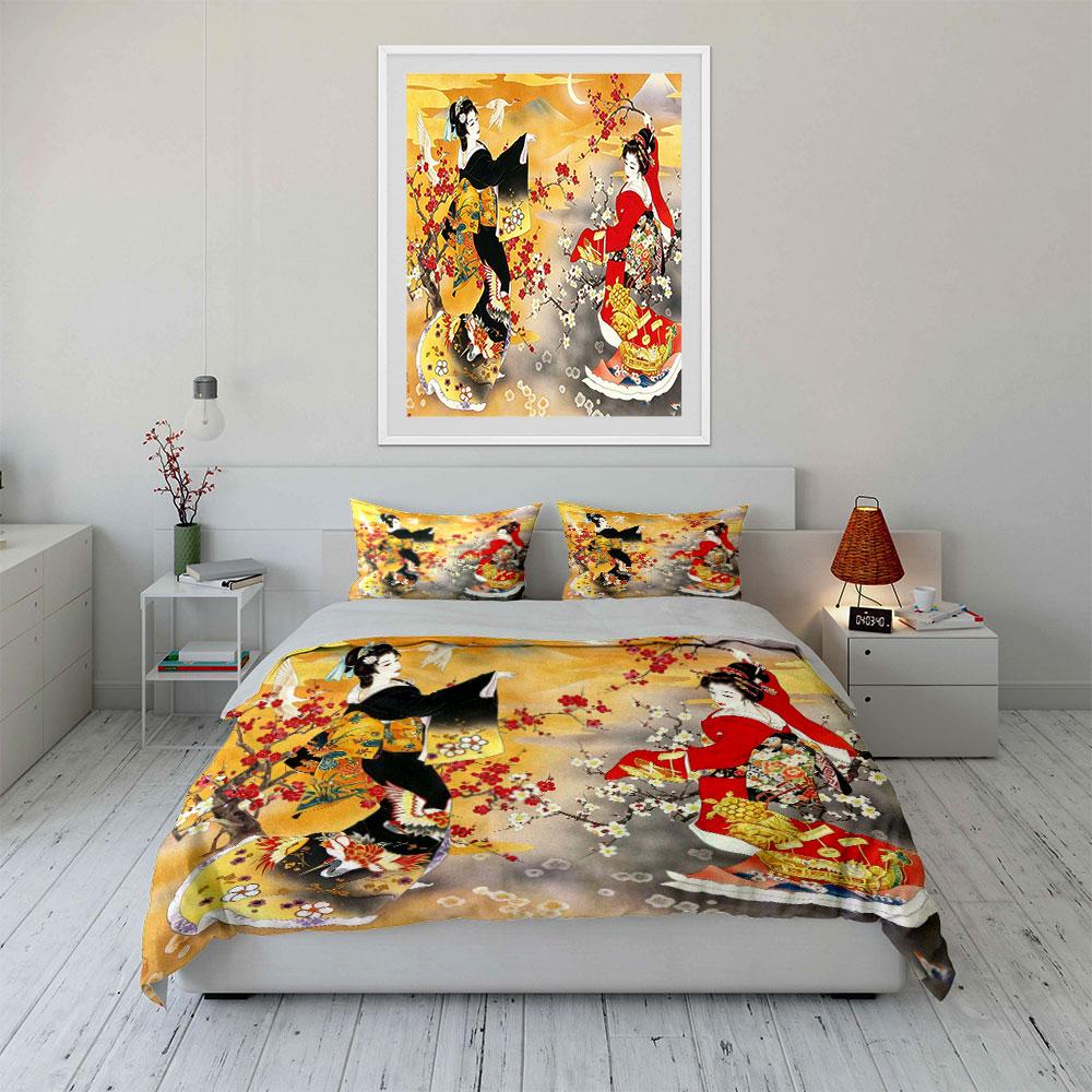 Vintage Japanese Two Geisha Crane Plum Blossom Bedding Set 3pcs Classic Ukiyo-e Mountain Print 1 Duvet Cover And 2 Pillowcase