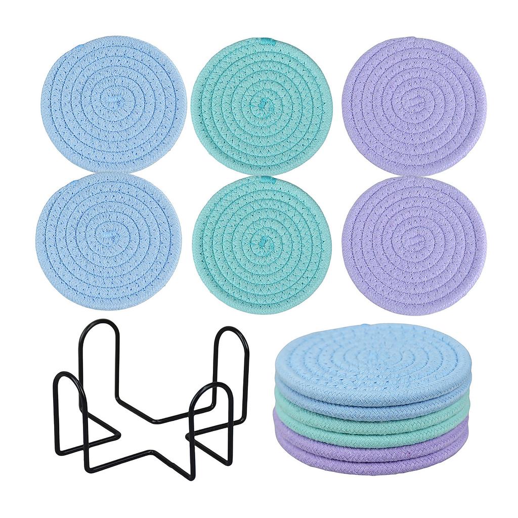 Set of 6 Round Woven Cotton Yarn Placemats with Non Slip Heat Resistant Surface and Metal Storage Rack for Dining Table Protection