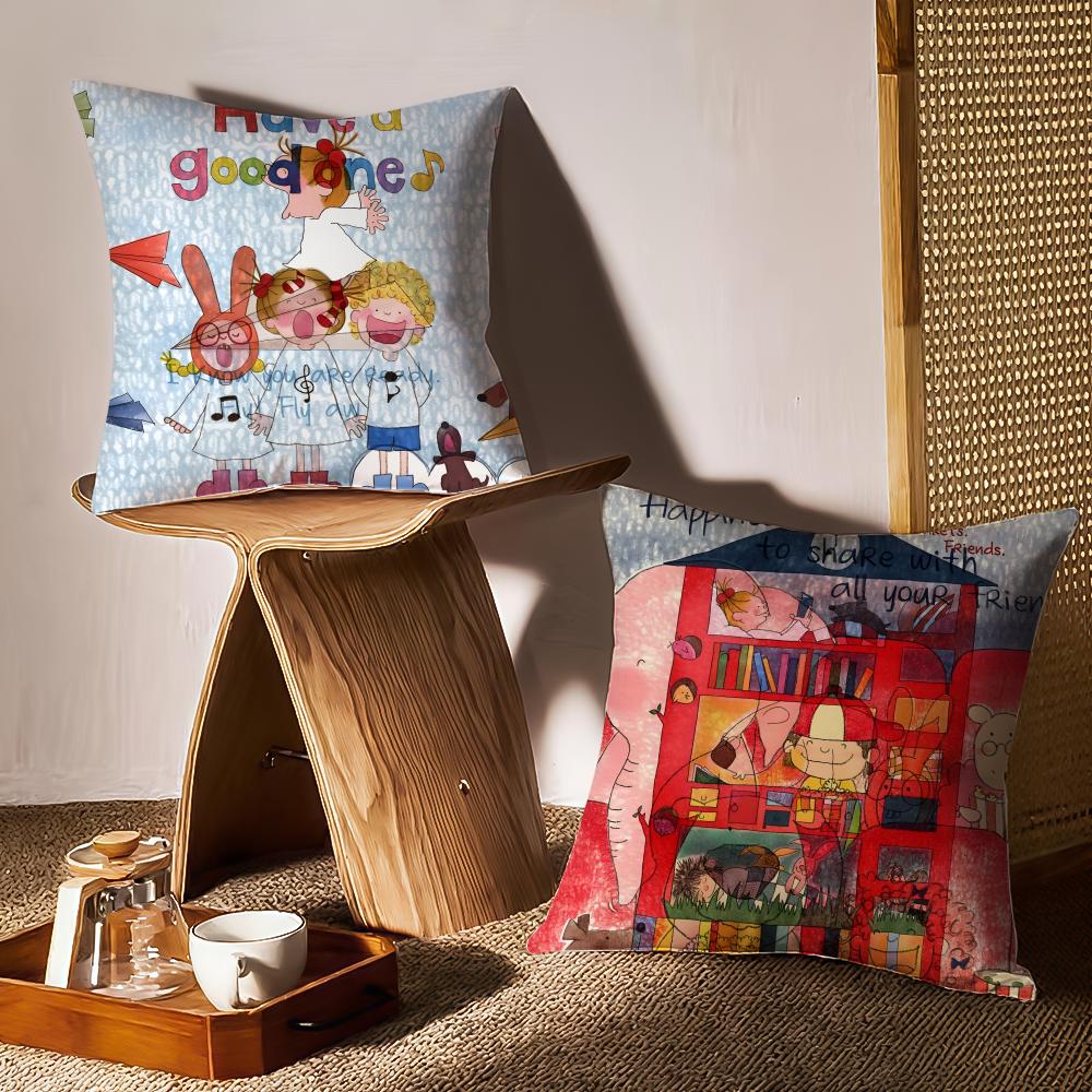 Japanese Cartoon Illustrations Cushion Cover Anti-dustmite Pillowcase Invisible Zipper Silky Short Plush Sofa Cushion Cover