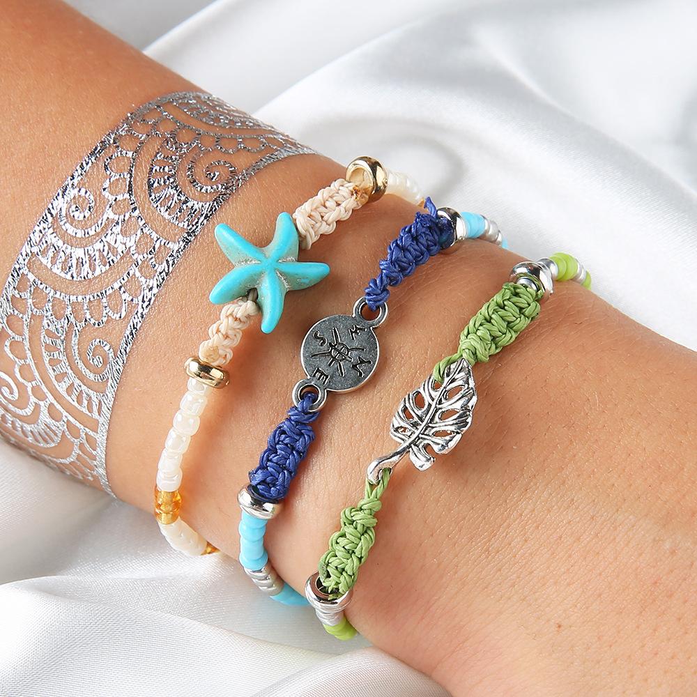 Simple Accessories 3 Leaves Compass Starfish Braided Bracelet Set