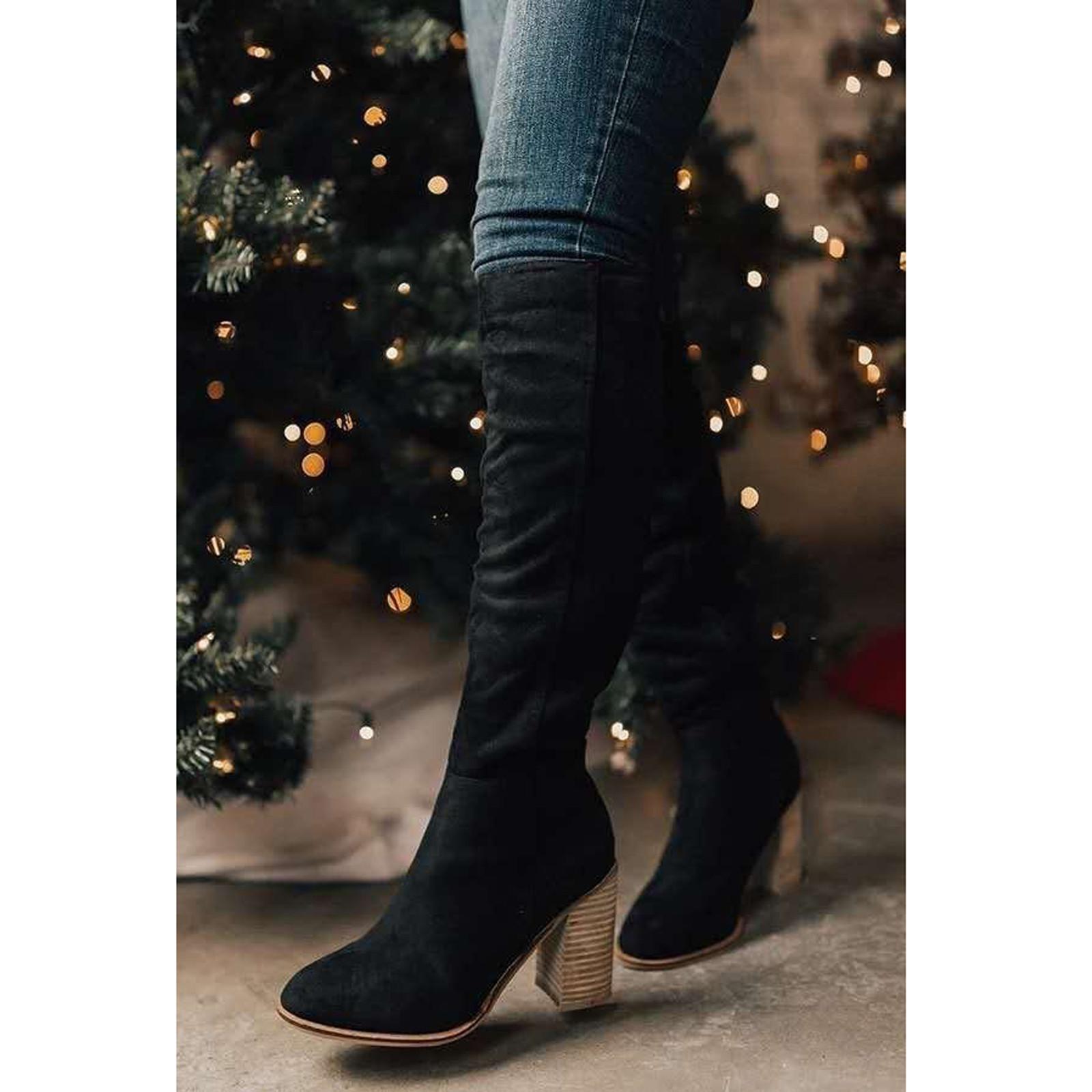 

Осенние и зимние женские кожаные ботинки на толстом каблуке, высоком каблуке, с высокими рукавами, замшевыми боковыми молниями, модные женские ботинки 40 чёрный