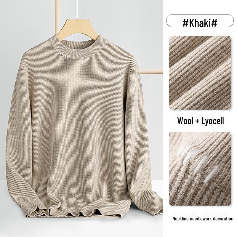 Men's Wool Lyocell Round Neck Sweater - 2024 Autumn/Winter Collection, Long Sleeve High-End Knitted Solid Warm Layer.