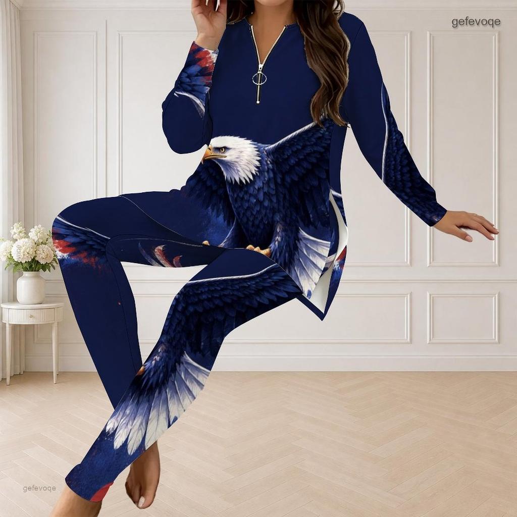 Women Plus Size Two Piece Set Front Zip Long Sleeve Printed Top And Long Pants Red Blue White