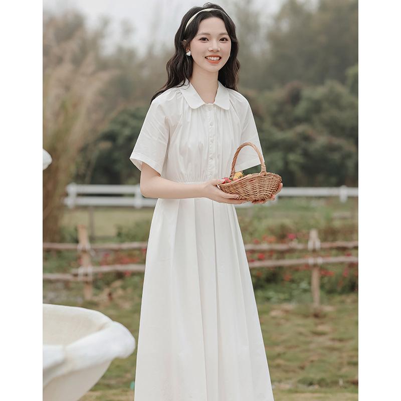 Summer Arts Academy Wind Doll Collar Solid Color Waist Dress Female First Love Small White Dress
