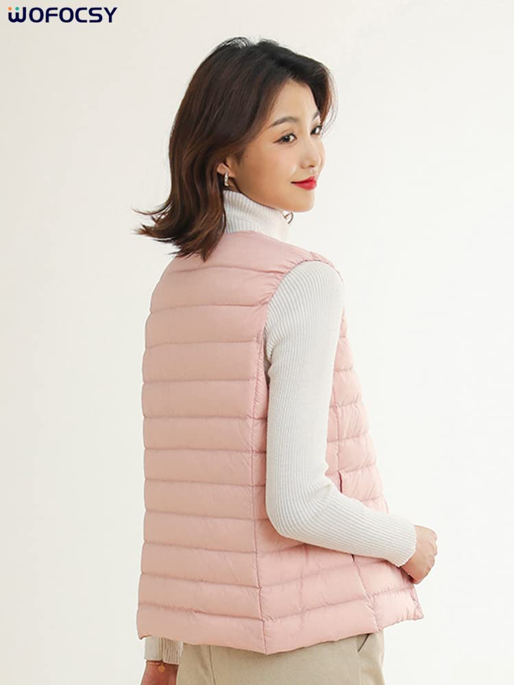 WOFOCSY Ultralight Down Vest with or Crew Lightweight and Includes Storage SY135 Women's V-Neck Neck, Warm, Pouch, (JP, Alphabet, XL, Pink)