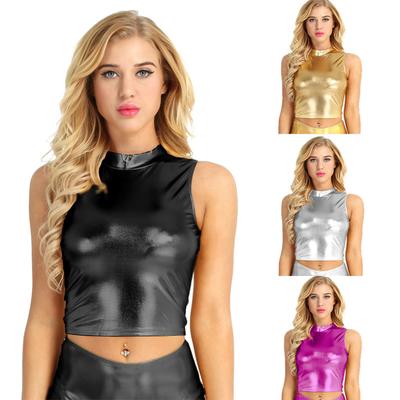 Women's Metallic Mock Neck Crop Top Faux Leather Vest Tops Glossy Rave Party Clubwear