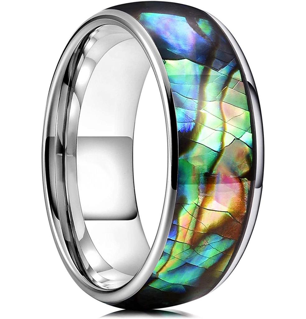 Fashion Men Stainless Steel Rings Inlay Rainbow Abalone Shell Rings For Men Women Wedding Engagement Band Jewelry