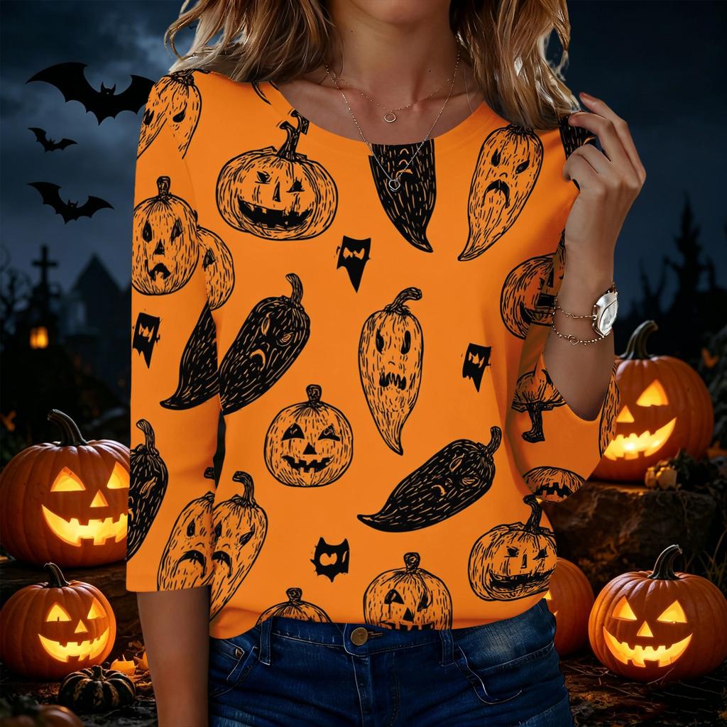 Women's Casual Halloween Print Round Neck Three Quarter Sleeve T Shirt Top Lightweight Comfortable Fit