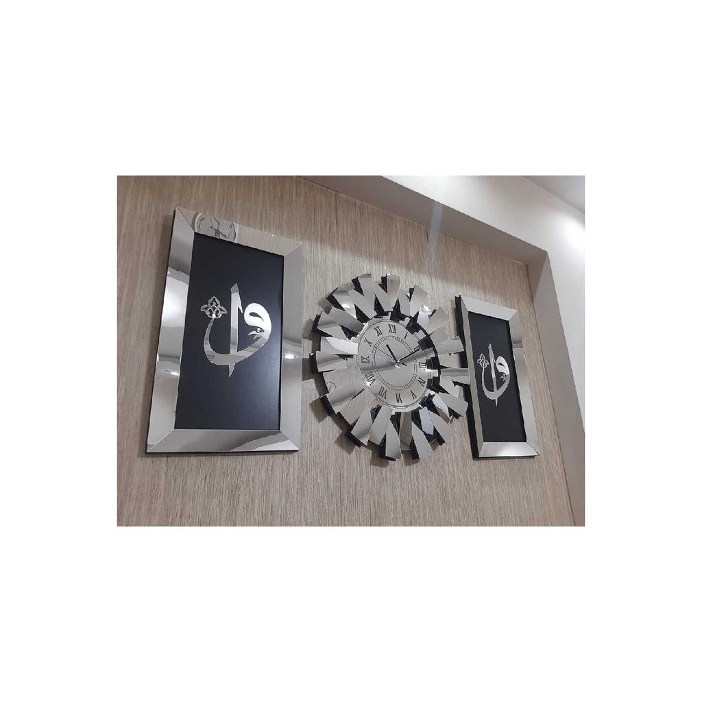 3-teilige Wanduhr mit römischen Ziffern, 3D-Klaviermodell, verspiegeltes Plexiglas, Silber, Elif Vav