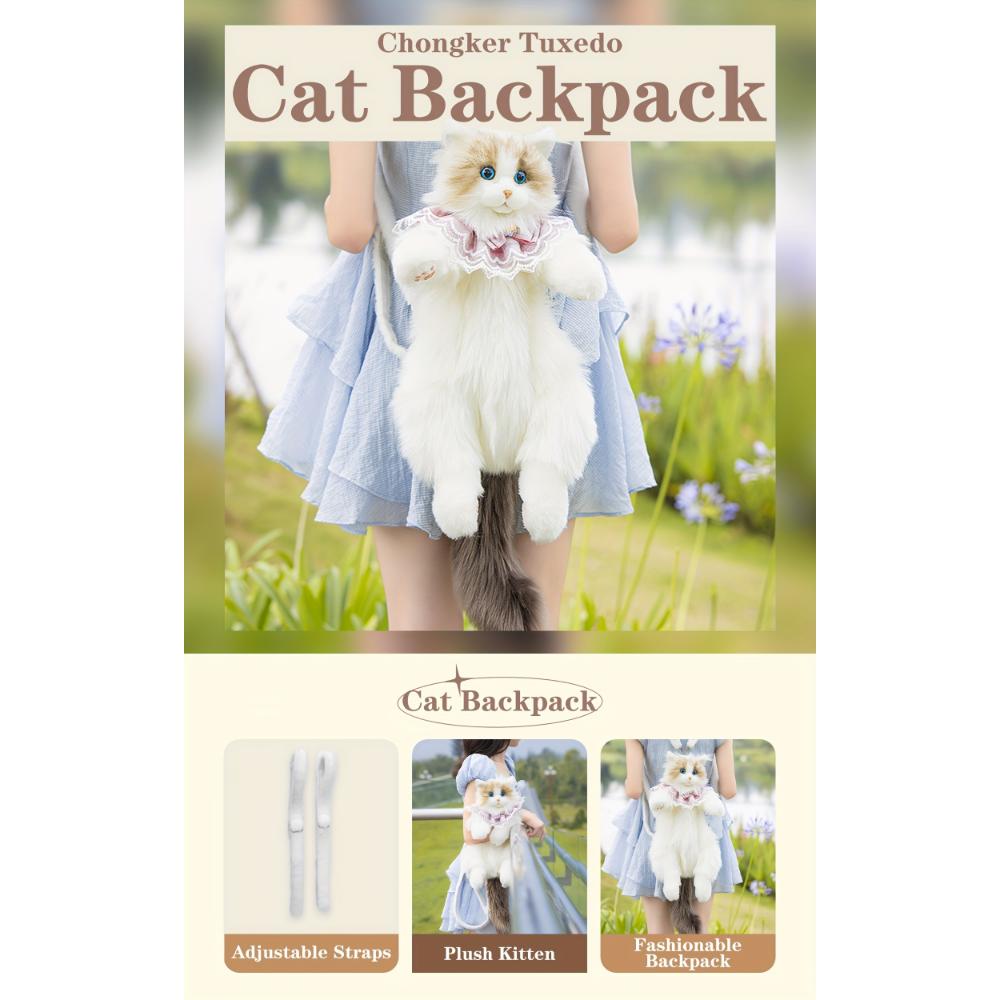 Handmade Unique Ragdoll Cat Shape Backpack Plush Animal Cat Realistic Fashion Gifts for Girls and Cat Lovers Christmas Gifts Valentine's Day Gifts