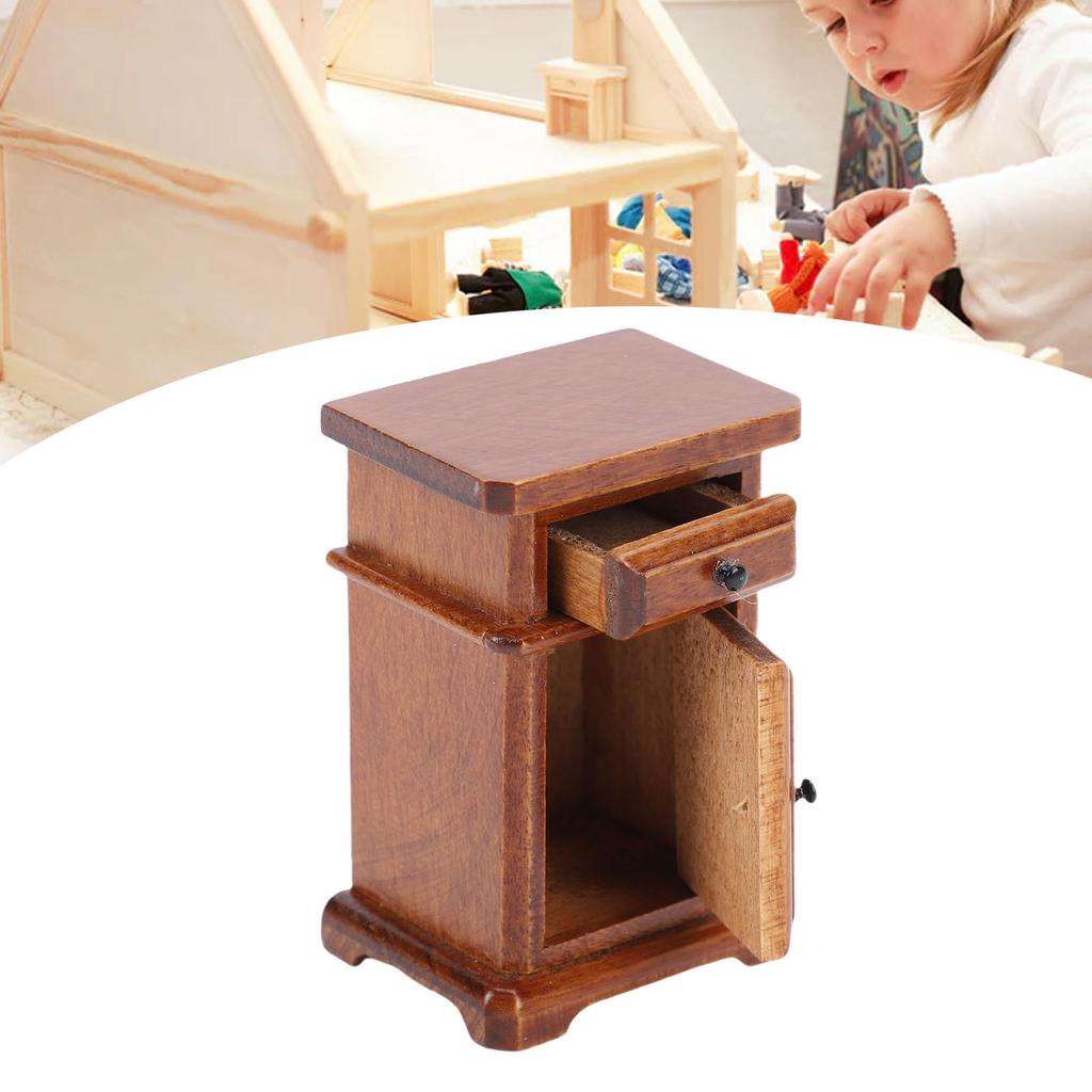 1:12 Scale Miniature Bedside Cabinet Birch Wood Furniture Nightstand with Drawer for Bedroom