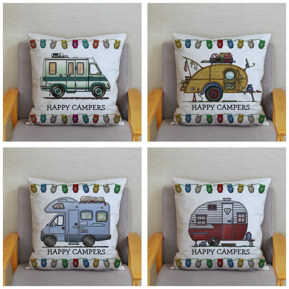 Throw Pillow Case Sofa Home Decor Owl Pillowcase Happy Campers Car Soft Short Plush Cushion Cover Print Pillow Covers 45*45cm