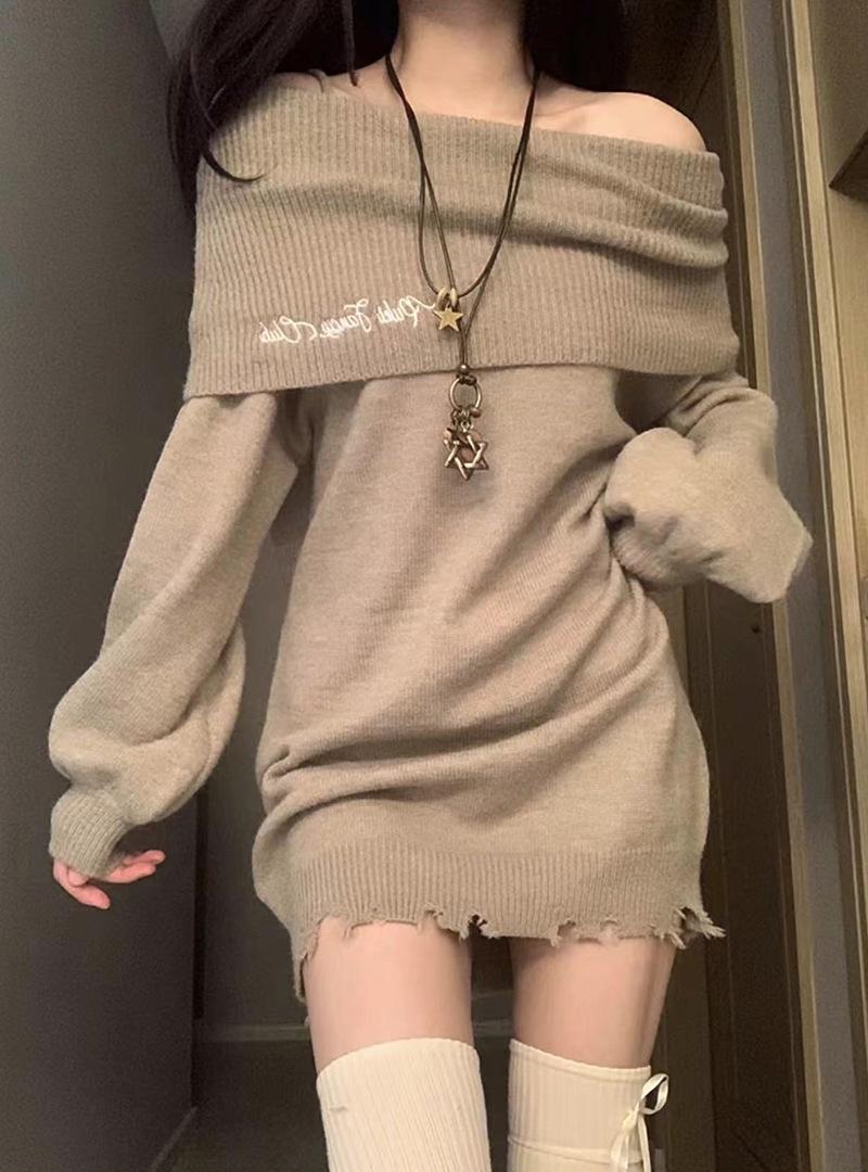 

Pure desire wind one-word collar off-the-shoulder knitted dress women s autumn and winter long design sense versatile hip-wrapping skirt One size fits all хаки