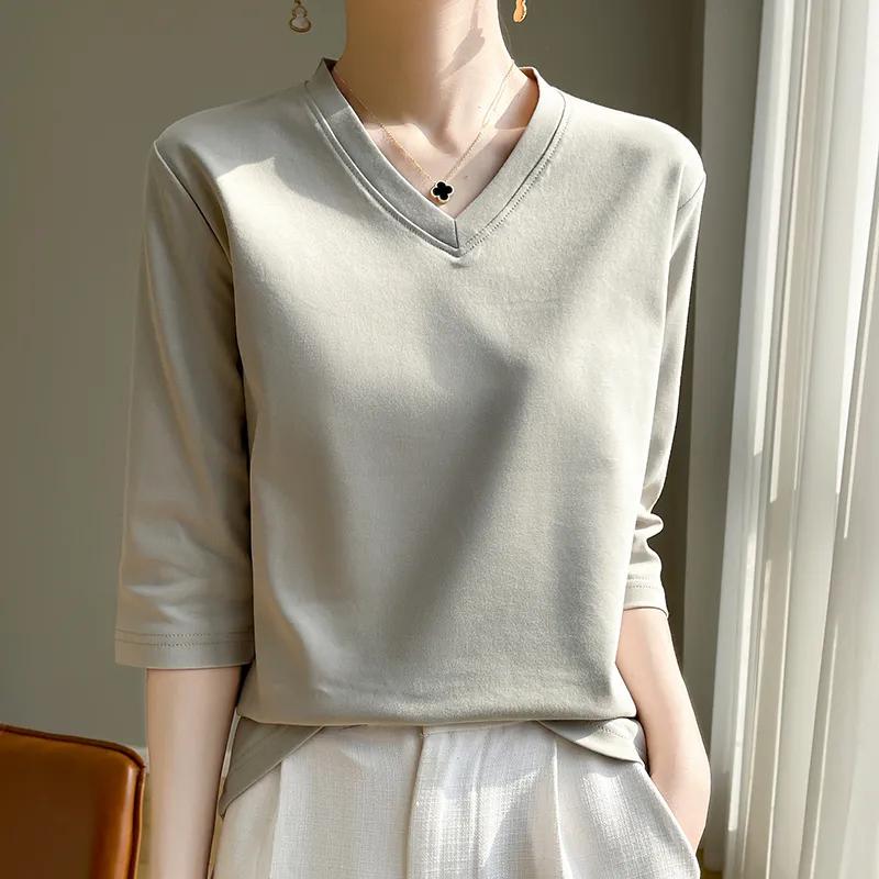Women's Summer V-neck Seven-quarter Sleeve Solid Color Loose T-shirt Beautiful Commuter Tops