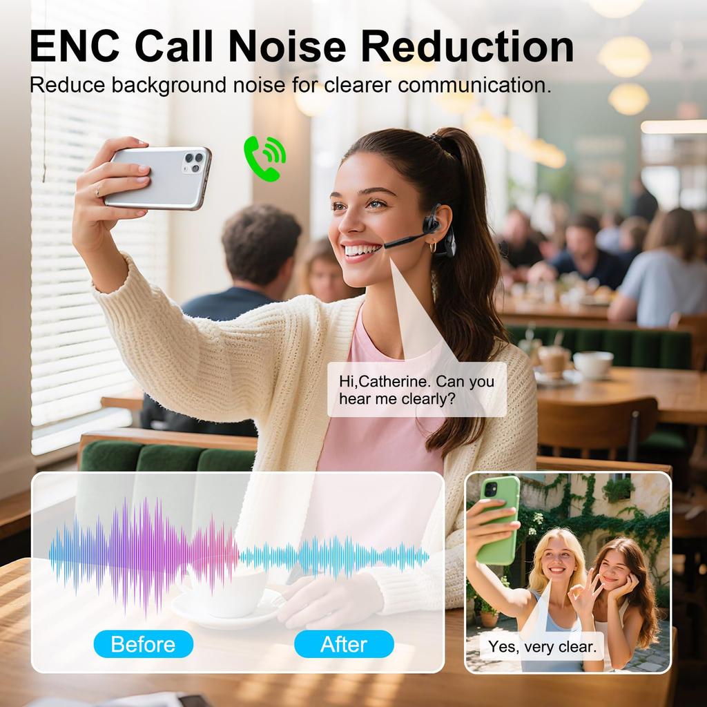 Bluetooth Headphones with Wireless Headset with Mute Supports Designed for Home and Driving Not Bone Conduction Open-Ear Mic, Noise-Canceling Button,