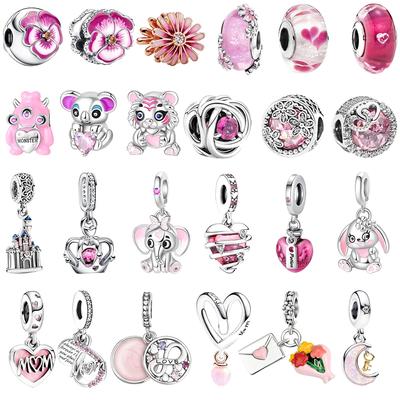 Pink Heart Beads Dangle Charm Flower Pendant DIY Jewelry for 925 Silver Bracelet Necklace Clip
