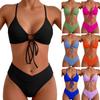 Women's Solid Color Lace-Up High Waisted Bikini Set, V-Neck Two-Piece Swimsuit for Beach and Pool Parties