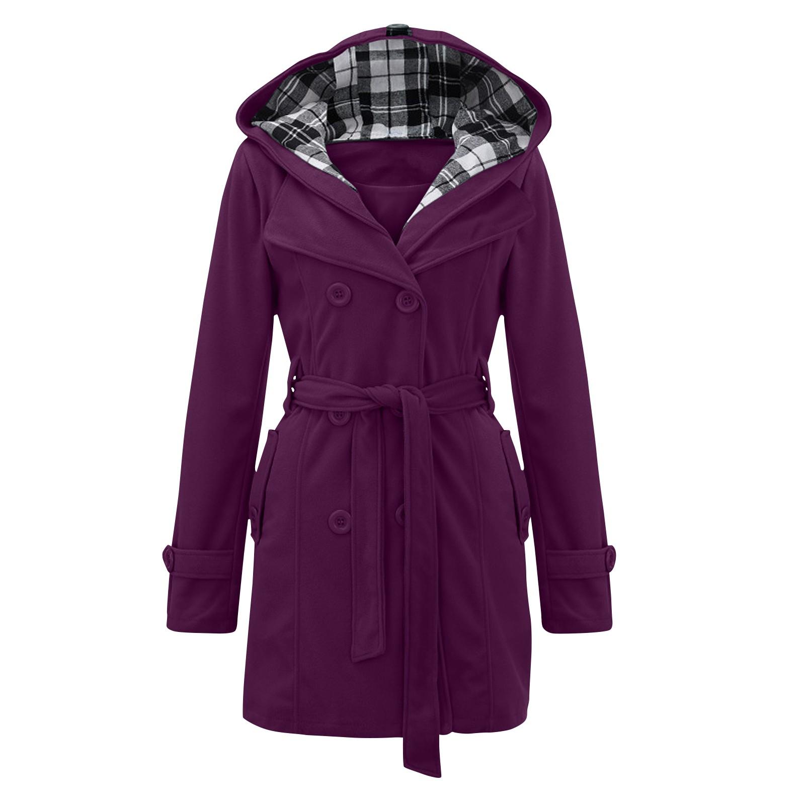 

Женская теплая зимняя двубортная куртка с капюшоном и длинными секциями с поясом M фиолетовый