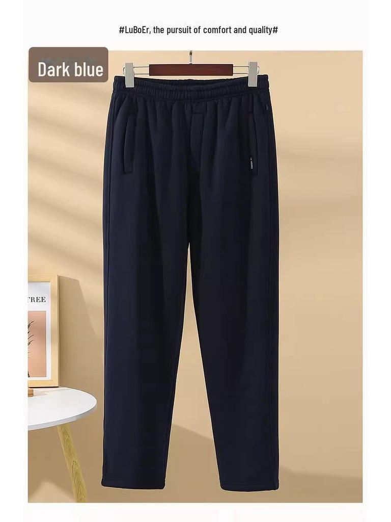 Męskie pluszowe spodnie dresowe z jagnięcej skóry - Pogrubione, o luźnym kroju, zimowe spodnie codzienne dla osób w średnim i starszym wieku.