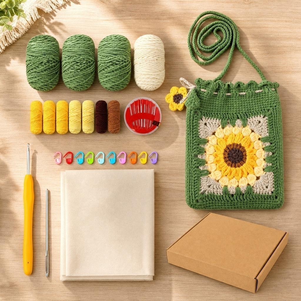 Háčkovací sada na slunečnicovou tašku DIY Ručně vyráběná crossbody kabelka s kompletní sadou příze, háčků, značkovačů a příslušenství pro kreativní projekty