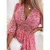 YYFS Women's Fashion Summer Spring Flower Pattern Print 1/2 Sleeves V-Neck High Waist Casual Dresses