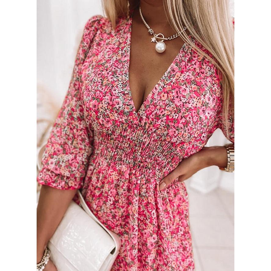 YYFS Women's Fashion Summer Spring Flower Pattern Print 1/2 Sleeves V-Neck High Waist Casual Dresses