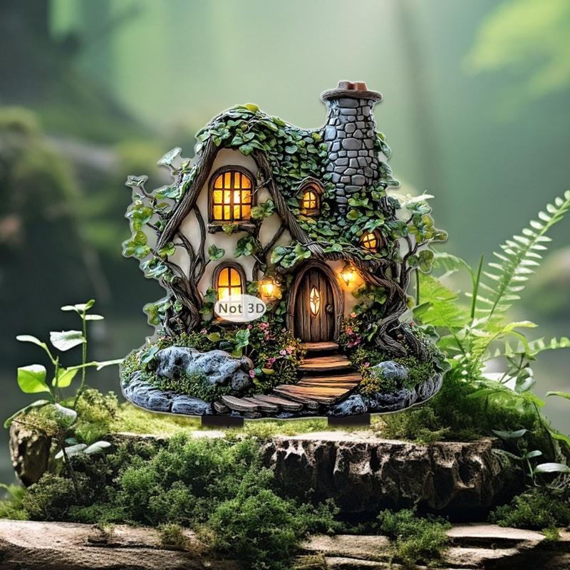 Acrylic Miniature Cabin Stake Decoration Weather Resistant Acrylic Cottage Stake Ornament For Patios Backyard Garden