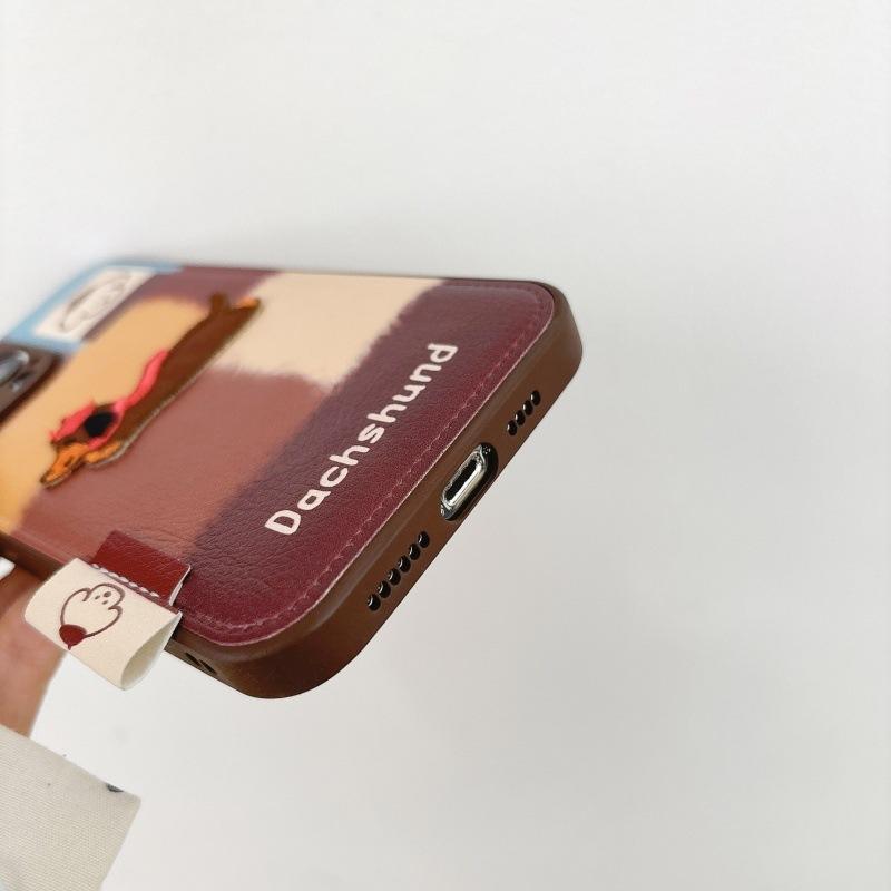 Cute 3D Dachshund Dog Color Block Phone Case, Leather Texture Protective Cover for iPhone