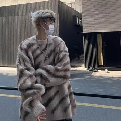 Men's Winter Zebra Stripe Thickened Mink Velvet Sweater – Retro American/Japanese Lazy Style Knitwear for Autumn/Winter