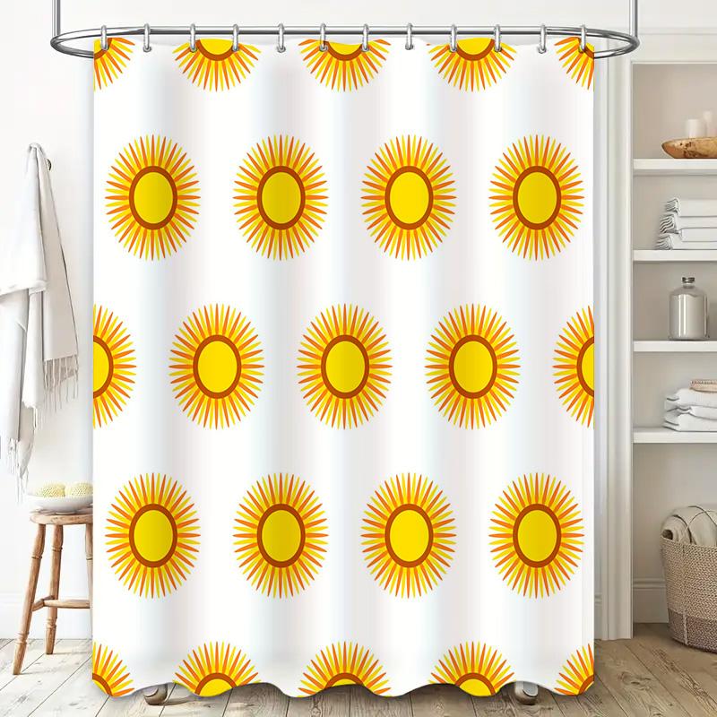 Sunburst Shower Curtain Sun Print Bath Decor with Hooks Set for Bathroom Decoration, Waterproof Fabric in Yellow and Orange (Whi